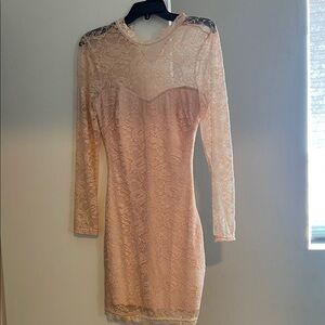bebe Elegant Long Sleeve Lace Dress in Soft Pink
